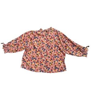 Sundance Floral Blouse XXL Red Pink Crop Sleeve Button Front Ruffle Cotton Boho